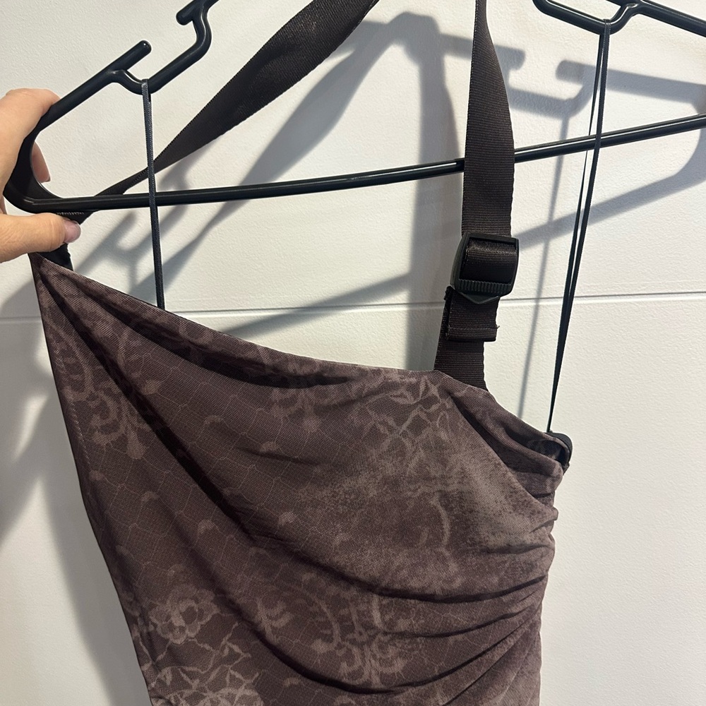 Silence + Noise Asymmetrical Dress in Dark Brown. Buckle over shoulder